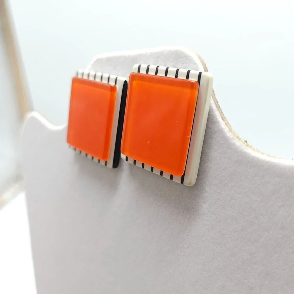 Vintage Orange Black Striped Acrylic Square 1980s Clip-On Earrings